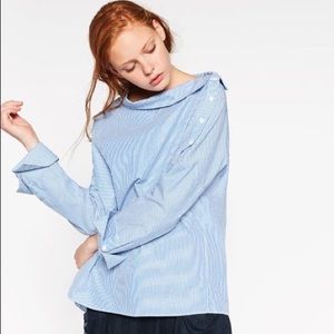 Zara Trafaluc Blue Top w/ Wide Cuffs Asymmetrical